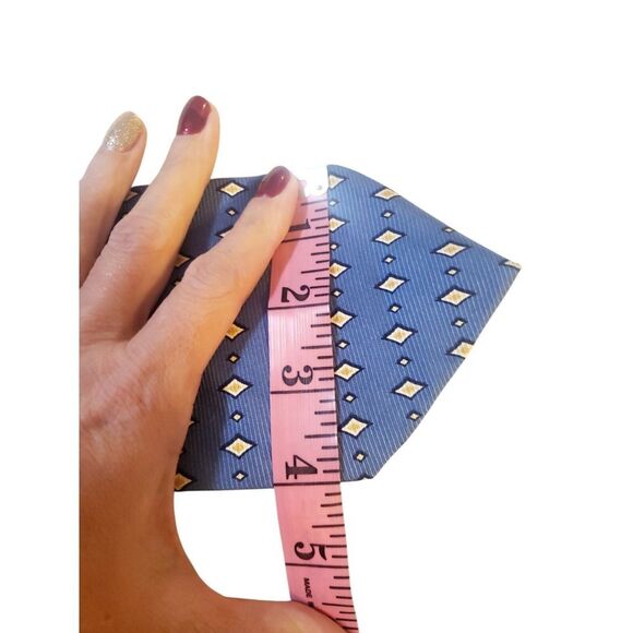 Woodward Mens‎ Tie Necktie Pre-Loved Luxury Blue Yellow Geometric Suit Casual - Picture 11 of 12